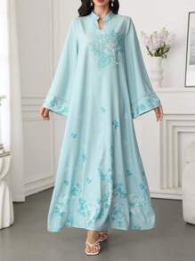 SHEIN Najma 女士长袖阿拉伯风格连衣裙，夏季时尚，端庄 - 藍色 - 查看 5