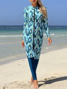 Swim Shayni Women Summer Beach Vacation All-Over Print Zip-Up Long Sleeve Top And Pants Burkini Set - Multicolor - View 3