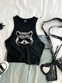 Attitoon 休闲简约圆领修身女式吊带背心，34%棉，浣熊印花，适合夏季 - 黑色 - 查看 3