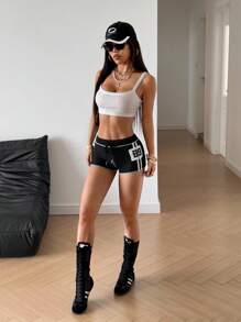StreetHx 街头服饰女式休闲纯色字母印花撞色抽绳低腰短裤，夏季 - 黑色 - 查看 5