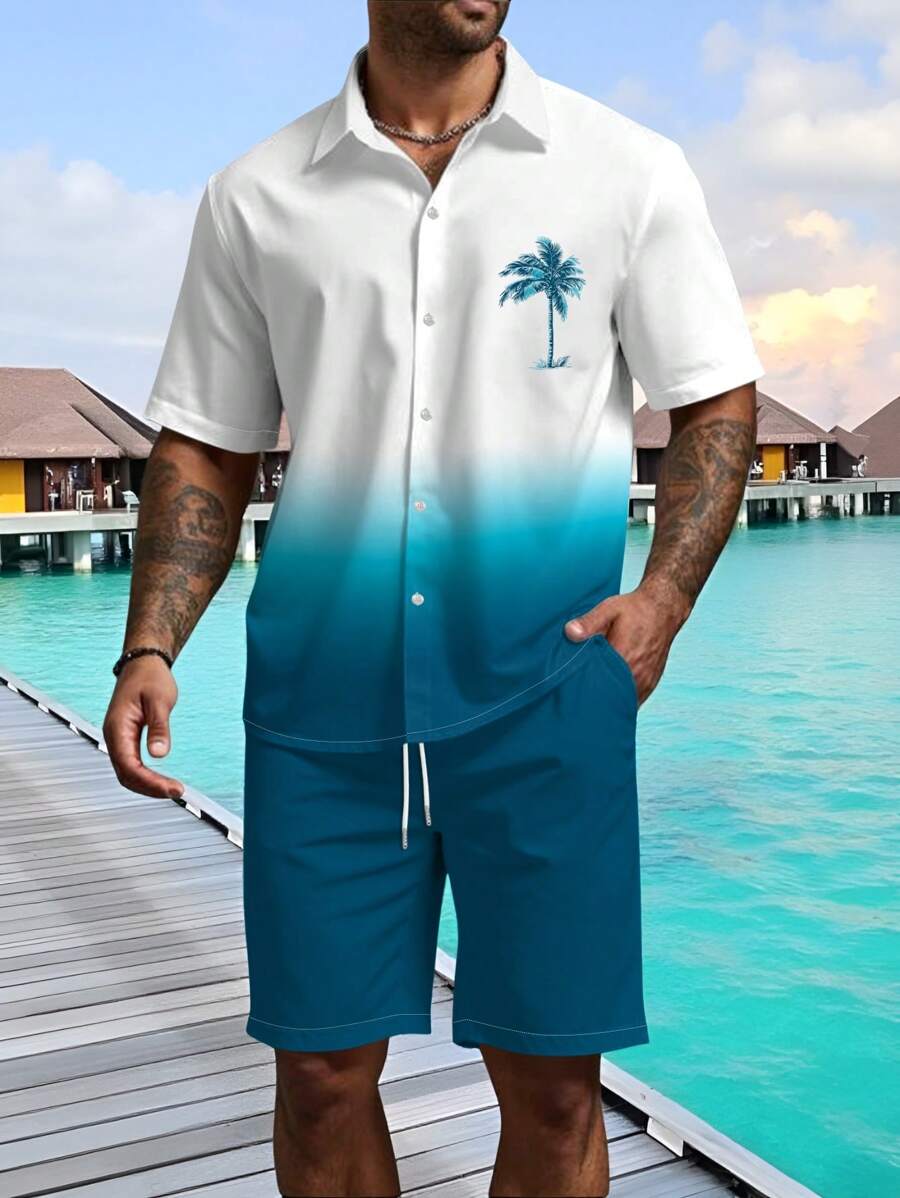 Manfinity RSRT Plus Size Men's Ombre Palm Tree Print Shirt And Shorts Set - Multicolor - View 1