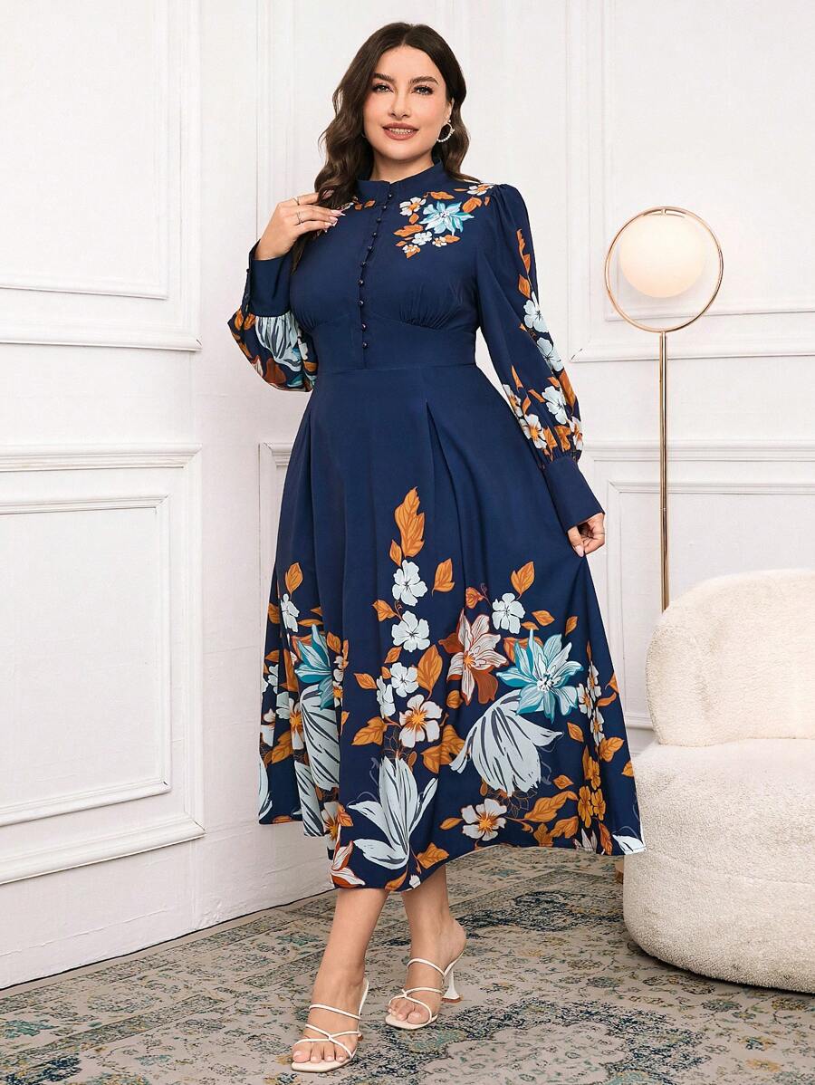 Modelyn Abito lungo elegante con maniche lunghe e stampa floreale per taglie forti per uso quotidiano