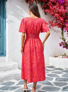 SHEIN Clasi Abito mini con maniche a palloncino, stampa a dopamina, copertura completa, adatto per le vacanze estive
