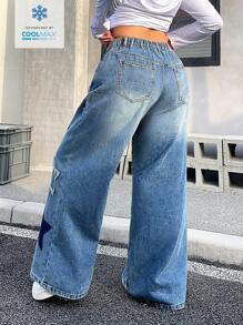 SHEIN ICON 大码休闲水洗星星贴花阔腿牛仔裤