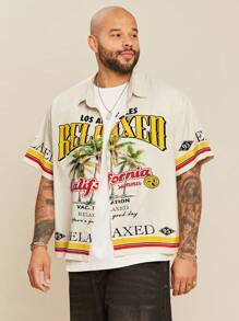 EASEVO Plus Size Men's Casual Woven Tropical Leaf & Letter Print Shirt, Suitable For Summer - Khaki - View 1