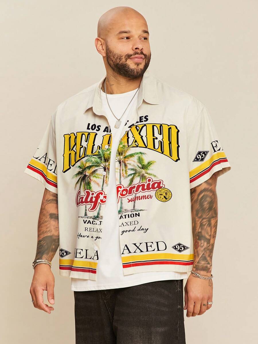 EASEVO Plus Size Men's Casual Woven Tropical Leaf & Letter Print Shirt, Suitable For Summer - Khaki - View 1