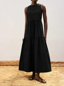 Maija Women's Black Dress With Oversized Ruffle Skirt, Horizontal Split Design, Modern Casual Resort Style, Comfortable Round Neck, Full Body Horizontal Split Splicing Double-Layer Ruffle Maxi Dress, Sleeveless Beach Vacation Outfit, Boho Beach Dress With Dramatic Maxi Skirt, Elegant Women's Casual Maxi Dress Modern Urban Casual Fashion Business Casual Women's Office Wear Low-Key Old Money Style Effortless Temperament High-End Urban Commuting High-Quality Airport Women's Wear High-End Material - Black - View 6