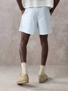 SUMWON Shorts de lujo con rayas de resort, estampado de Santorini con patrón mediterráneo, traje de baño de estilo náutico para vacaciones de verano en la playa y la piscina, con cordón ajustable