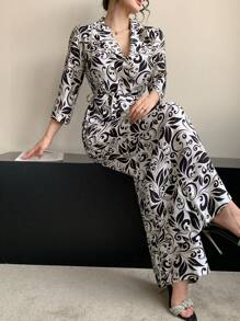 DAZY Mono elegante con bolsillos y cinturón, estampado completo para mujeres