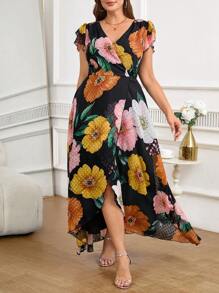 SHEIN Clasi 加大码优雅花卉印花荷叶边袖开叉下摆夏季度假连衣裙 - 彩色 - 查看 5