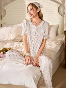 CottageSlumber Conjunto de pijama para mujer con cuello redondo, manga corta con volantes y pantalones estilo romántico con estampado floral pequeño para la temporada de vacaciones