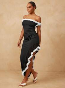 L'Amorae Women's Plus Size Elegant Wedding Off Shoulder With Ruffle Trim High Slit Maxi Dress - Black - View 3