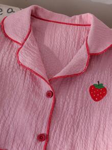 2pcs Girls' Pajama Set, Textured Fabric, Cherry Embroidery, Pocket Decor, Comfortable Short Sleeve Top And Shorts