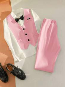 SHEIN 2pcs Set Spring/Summer Tween Boy Gentleman Outfit, Casual Vest Jacket + Long Trousers, Elegant Formal Attire For Birthday Party, Evening Event, Wedding, Christening, Birthday