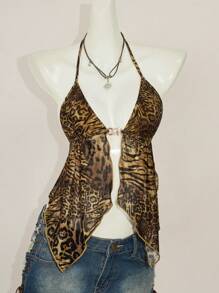 SHEIN ICON Vintage Leopard Print Backless Halter Neck Camisole With Slit Hem Cheetah Print - Brown - View 6