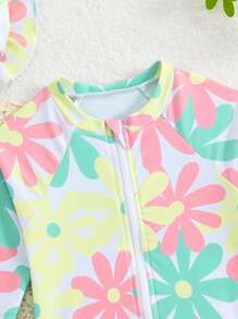 2pcs/Set Newborn Baby Girls' Cute Floral Print Long Sleeve One-Piece Rash Guard Swimsuit With Swimming Cap Girl Infant Girl Clothes Spring Baby Girl Spring Clothes Baby Clothes For Girls Tropical Baby Clothes Tropical Baby Clothes Girl