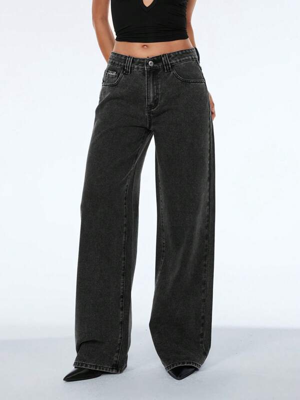 TRNVIE Women's Pocket Decor Wide Leg Loose Casual Versatile Denim Pants