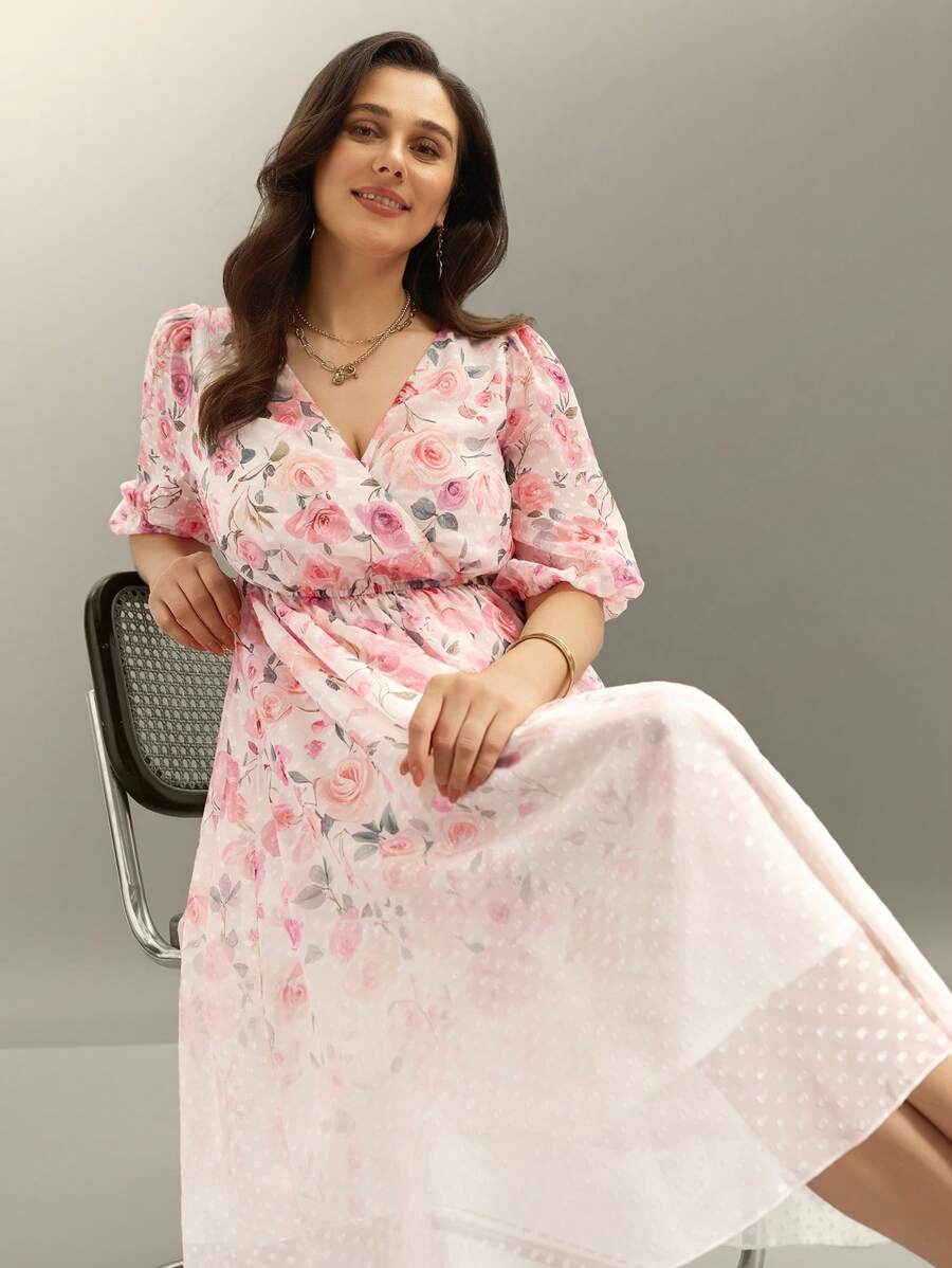 Flouryn Plus Size Women Romantic Elegant Chiffon Textured, Ombre Floral Print Cross V Neck Short Sleeve Mini Dress