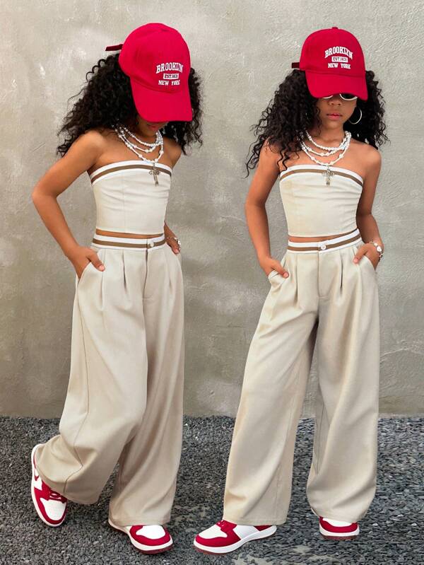 Coolane Kids Conjunto de 2 peças para meninas, primavera/verão, top e calça de bandeau com cores contrastantes