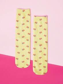 THE POWERPUFF GIRLS X SHEIN 1双时尚可爱的花朵图案中筒袜 - 彩色 - 查看 4