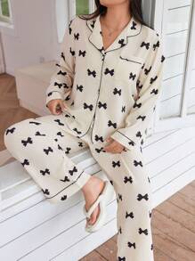 Dream Adore Conjunto de pijama de manga larga con cuello de solapa, lazo y franja de color contrastante en talla grande, ideal para vacaciones