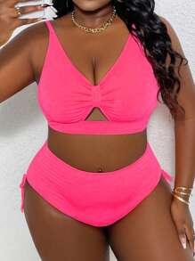 SHEIN Swim Curve 大码女式纯色褶边分体泳衣比基尼套装 - 玫紅色 - 查看 4