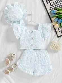 女婴盖袖上衣（带帽）和短裤两件套服装，夏季女婴夏装套装婴儿夏装女婴夏季女婴服装女婴夏装女婴套装女婴夏装套装