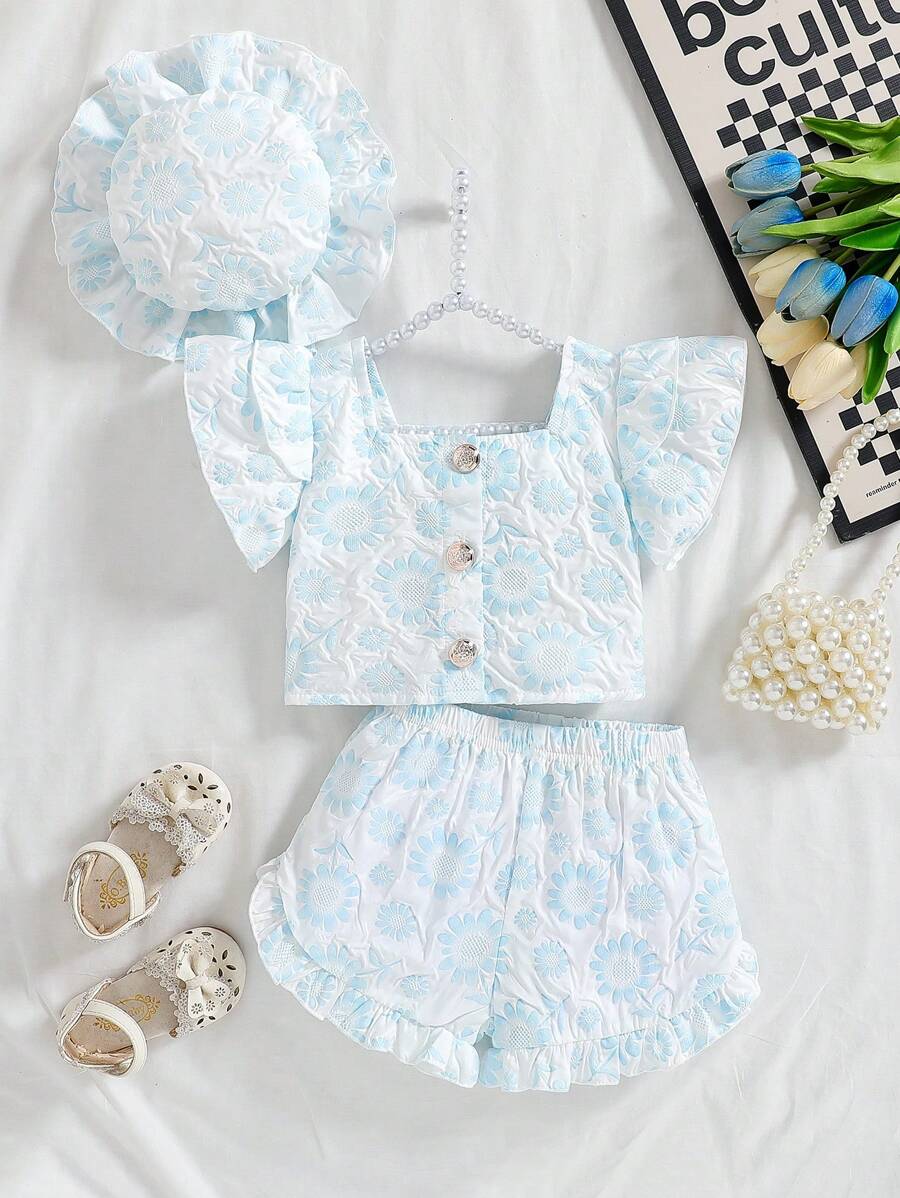 女婴盖袖上衣（带帽）和短裤两件套服装，夏季女婴夏装套装婴儿夏装女婴夏季女婴服装女婴夏装女婴套装女婴夏装套装