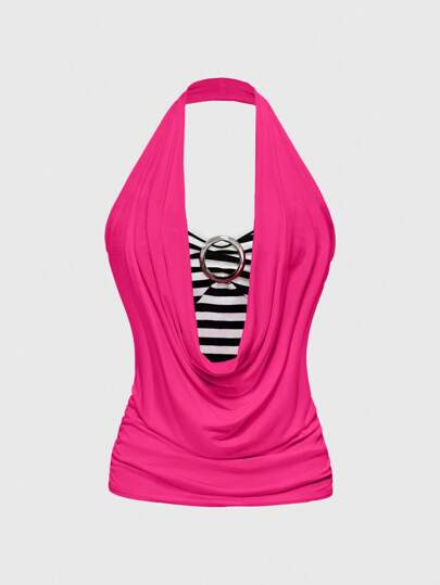 J-Fashion Y2K Vintage Japanese Style 2 In 1 Striped Splicing Draped Neck Women Tank Top
