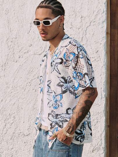 Maglione lavorato a maglia con stampa floreale e lavorazione traforata per uomo