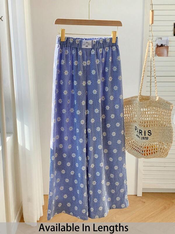 SHEIN Tall CURVE Plus Size Women's Plaid Daisy Print Wide Leg Loose Casual Pants Boho Pants Woman S Summer Clothes,Summer Pants