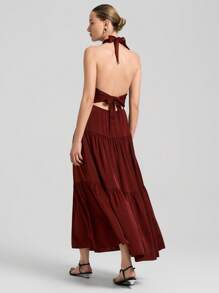 Ontre 2025 New Elegant Sleeveless Ruffle Neck A-Line Dress,Brown Burgundy,Taffeta Crease-Resistant,Summer Dining Holidays Graduation Everyday Wear Women - Brown - View 3
