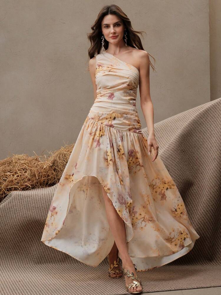Women's Elegant Romantic Casual Holiday Hollow Yellow Floral Print Asymmetric Ruffle Waist Maxi Dress, Suitable For Spring/Summer, Festival, Graduation
