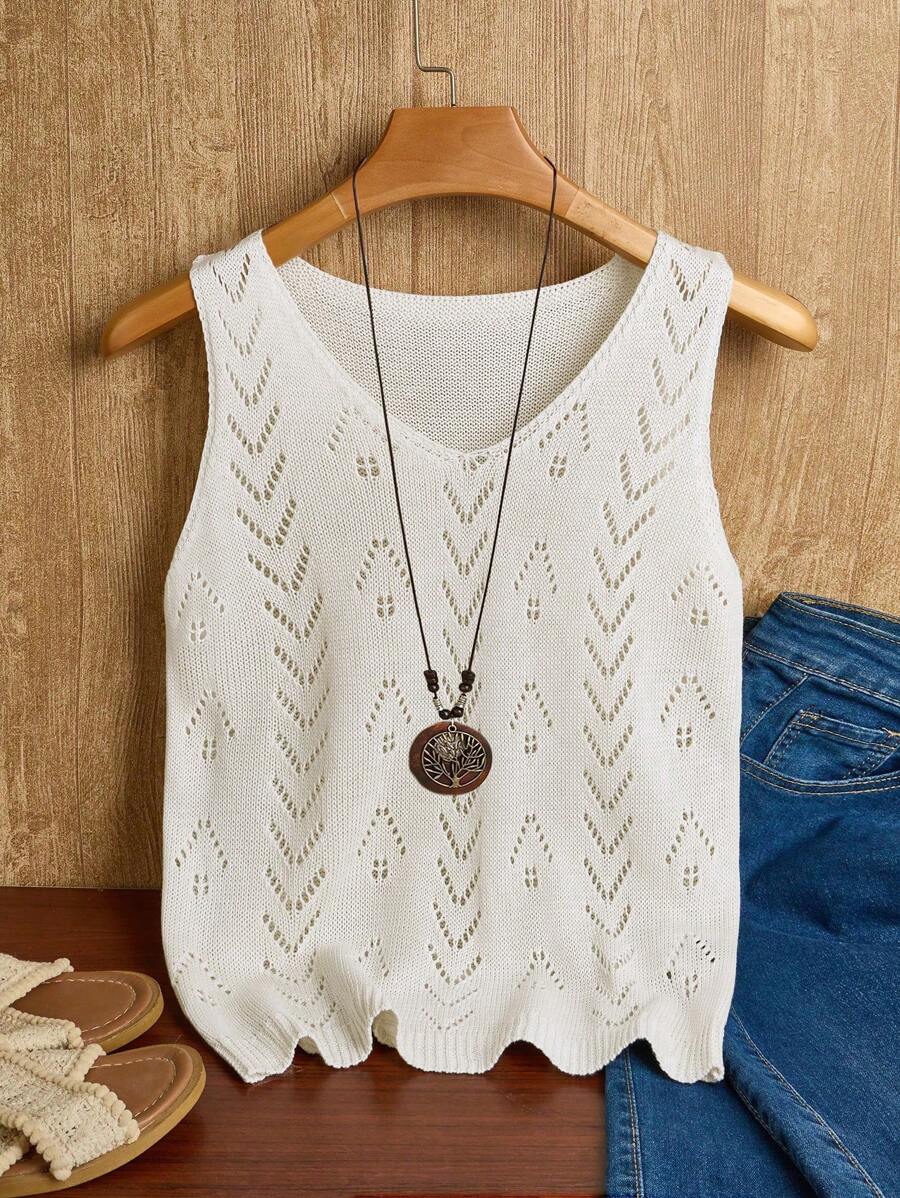 EMERY ROSE Camiseta de punto sin mangas con escote en V y calado, unicolor, adecuada para vacaciones de verano - Blanco - Ver 1