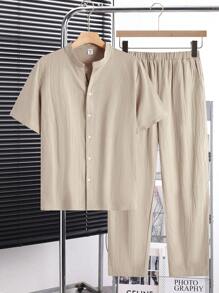 SHEIN Conjunto de 2 piezas para adolescentes, camisa de manga corta de tejido con cuello de pie y pantalones casuales, sueltos, versátiles y cómodos, de costo-efectivo