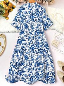 Franclia Colorful Loose Button Up Summer Short Sleeve Dress Maxi Women Outfit - Blue and White - View 2