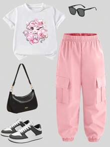 SHEIN 小女孩实用连体衣短袖套装