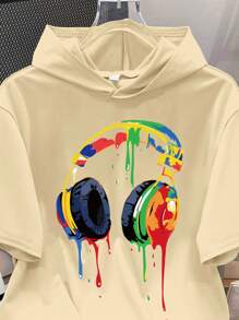 SHEIN Teen Boy Casual Fashion Stylish Colorful Graffiti Gaming Graphic Short Sleeve Hooded T-Shirt, Suitable For Summer - Camel - View 3