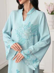 SHEIN Najma 女士长袖阿拉伯风格连衣裙，夏季时尚，端庄 - 藍色 - 查看 2