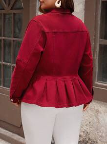 EMERY ROSE 大码女式长袖单排扣荷叶边下摆休闲红色牛仔外套，优雅 - 紅色 - 查看 3