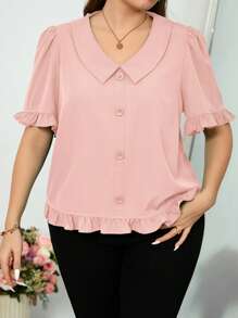 SHEIN Clasi 大码夏季休闲纯色泡泡袖荷叶边下摆衬衫