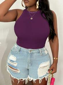 SHEIN PETITE CURVE 大码休闲修身白色圆领无袖背心 - 紫色 - 查看 4