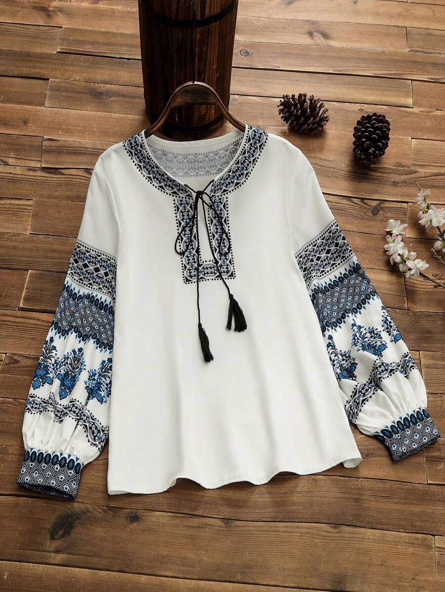 Lacomfia 休闲灯笼袖定位印花女式衬衫，春夏 - 藍色 - 查看 1