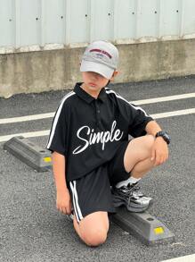 SHEIN 2pcs/Set Tween Boys' Casual Versatile School Style Funny Print Knitted Polo Shirt And Shorts Set, For Summer Stay Home, Outgoing Travel