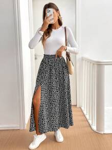 SHEIN Tall CURVE Plus Size Summer Vacation Ditsy Floral Split Hem Skirt