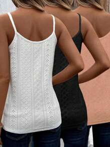 Chiquease 3pcs Knitted Textured Hollow Lace Panel Casual Vacation Ladies Cami Tops - Multicolor - View 2