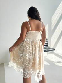 Firerie Plus Size Women's Deep V-Neck Romantic White Wedding Guest Short Dress, French Vcay Style Flared Hem Embroidery Fabric - White - View 2