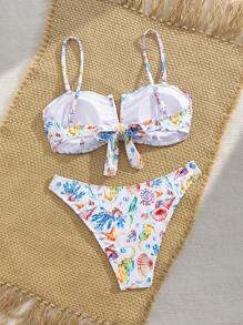 Swim Mod 2pcs Women's Summer Swimwear Set: Random Printed & Ribbed Texture Camisole Top And Bikini Bottom, Bohemian Style - Multicolor - View 7