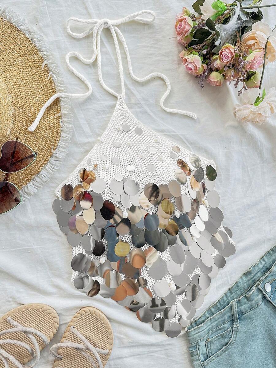 Flirla Fashionable Vacation Style Sequin Halter Neck Knit Blouse - White - View 1