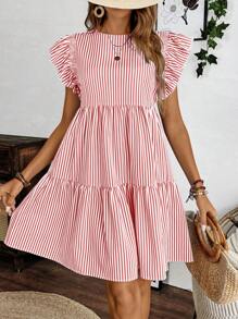 SHEIN LUNE Ladies' Summer Casual Striped Ruffle Hem Dress - Pink - View 6